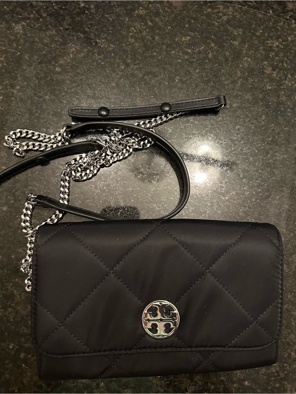 Tory Burch Black Quilted Crossbody with Silver Chain